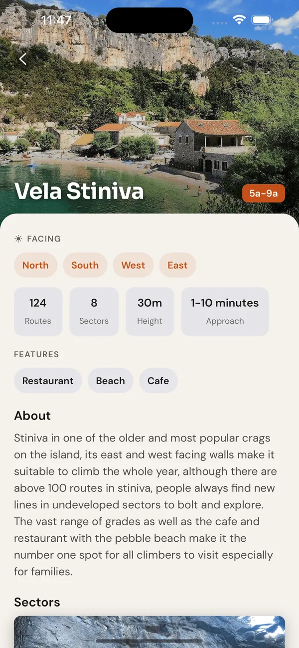 The CragLocal app showing the Vela Stiniva crag on Hvar — grade range, route count, approach time and features.