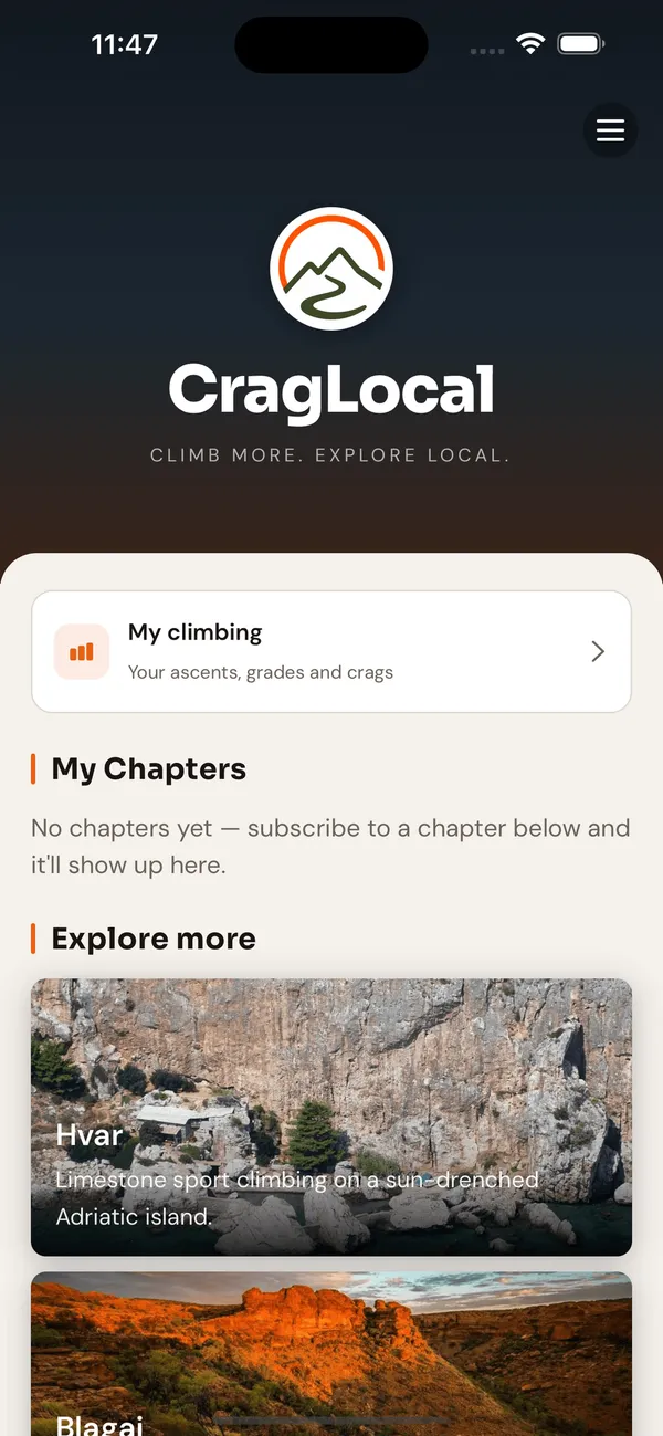 The CragLocal home screen with the My climbing dashboard entry and chapter cards.